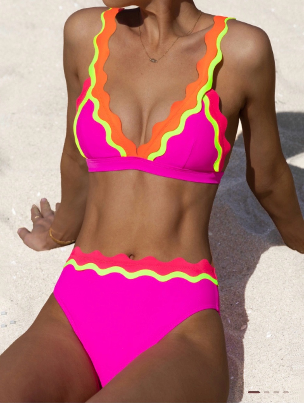 Neon Pink Scalloped High-Waist Bikini - Vibrant Swim Set